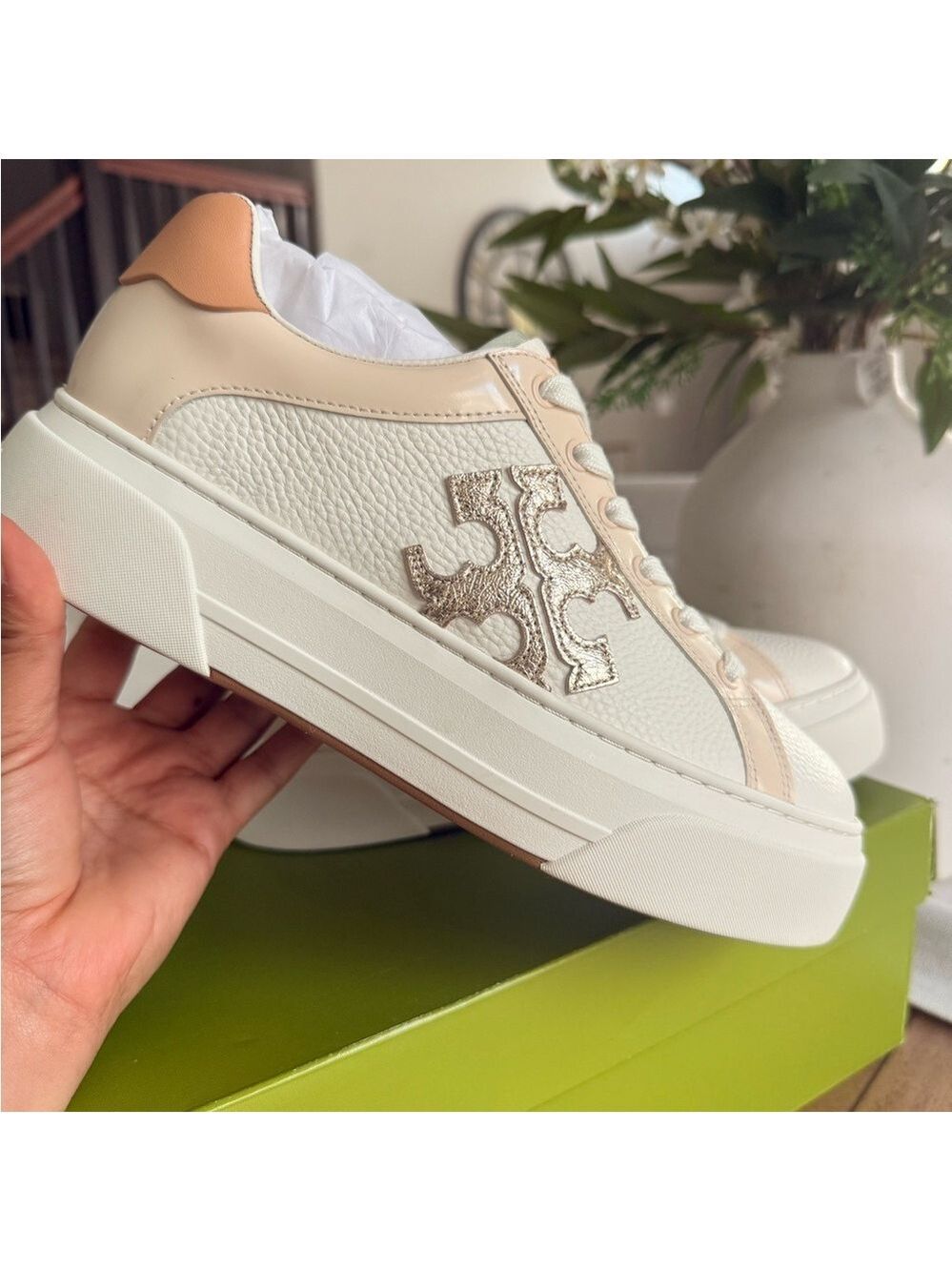 New Tory Burch Signature Color Block Platform Leather Sneaker White Gold